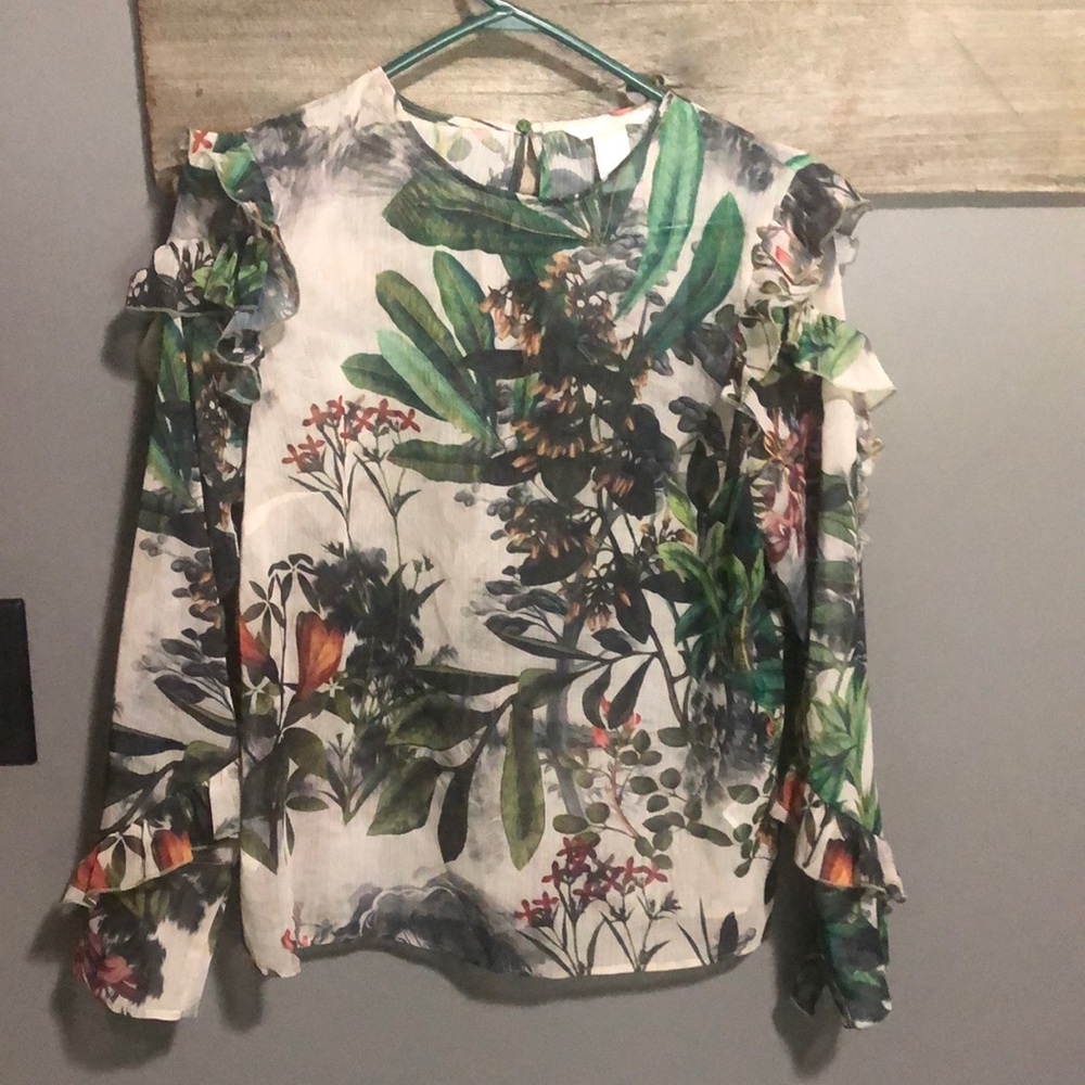 NWOT H&M sheer tropical ruffle blouse shirt